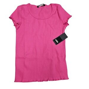 LCKR Ribbed T-Shirt Kids L 14-16 Pink Lettuce Edge Trim Scoop Neck Short Sleeve